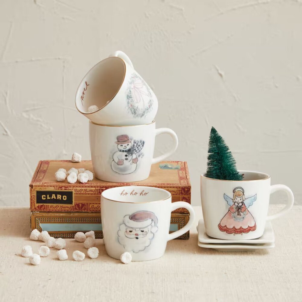 Set of Four Creative Co-op 12oz. Snowman, Angel, Wreath & Santa Mugs/NWT